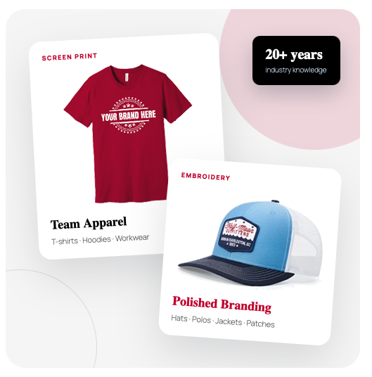 Custom red screen printed T-shirt and blue embroidered cap